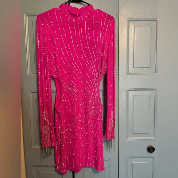 Fashion Nova Luxe Pink Embellished Bodycon Dress Mock Neck - Picture 4 of 5